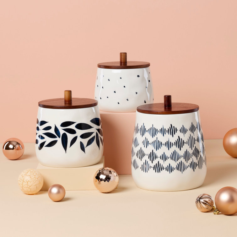 Blue and White Porcelain Canister Set with Wooden Lids