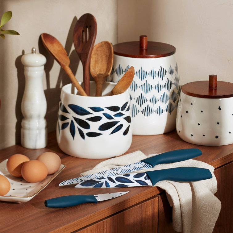 Blue and White Porcelain Canister Set with Wooden Lids