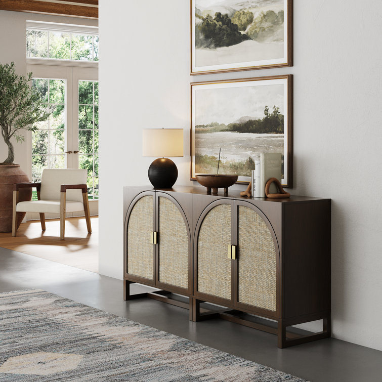 Paxton Dark Brown Wood Cabinet with Rattan Doors, Set of 2