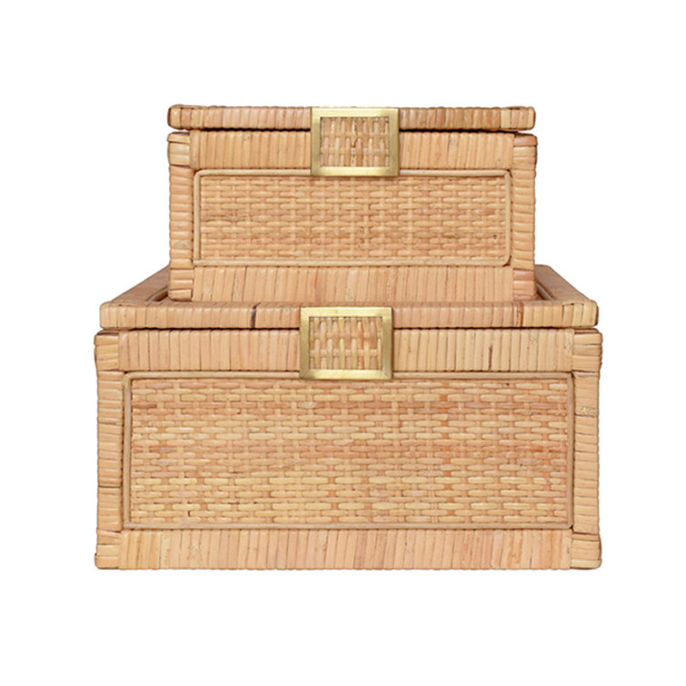 Natural Rattan Decorative Box with Brass Accents