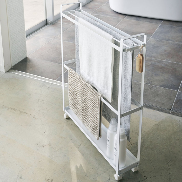 White Rolling Towel Rack with Hooks and Casters