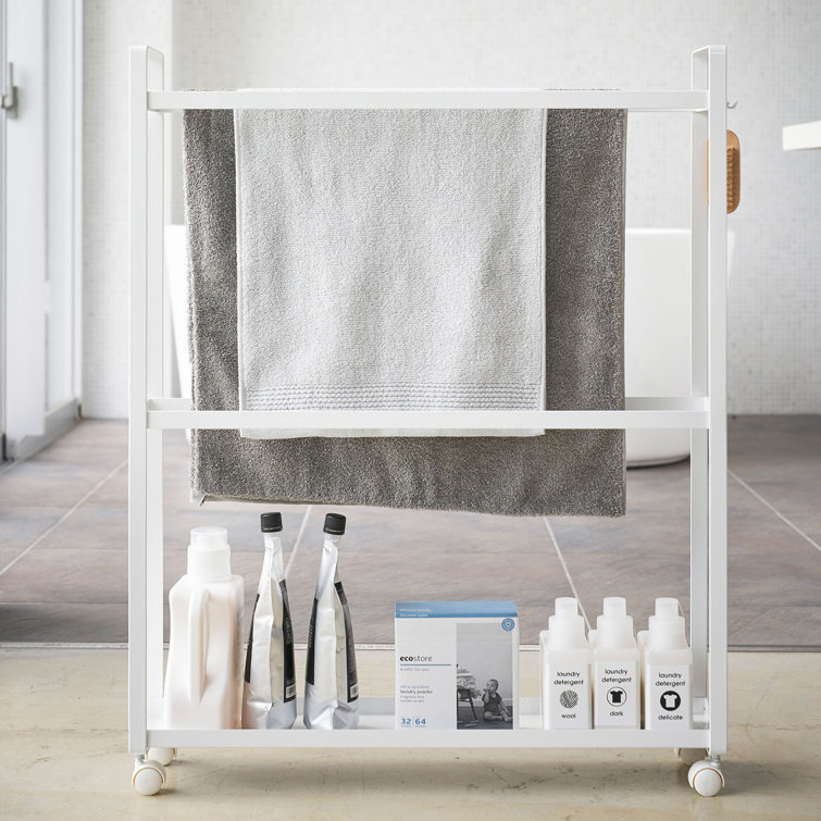 White Rolling Towel Rack with Hooks and Casters