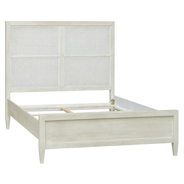 Antique Whitewash Queen Wood Panel Bed with Rattan Headboard