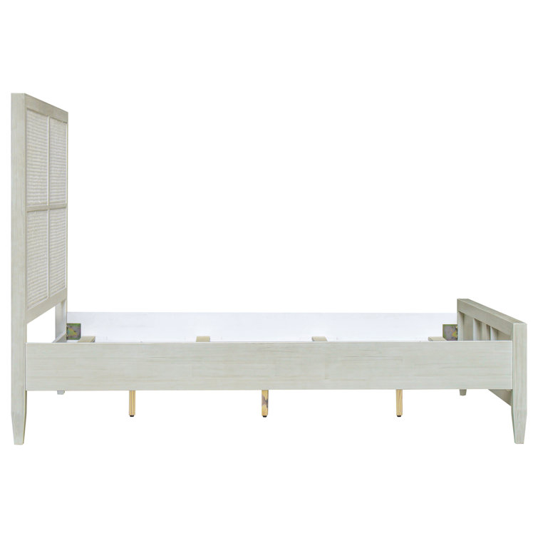 Antique Whitewash Queen Wood Panel Bed with Rattan Headboard