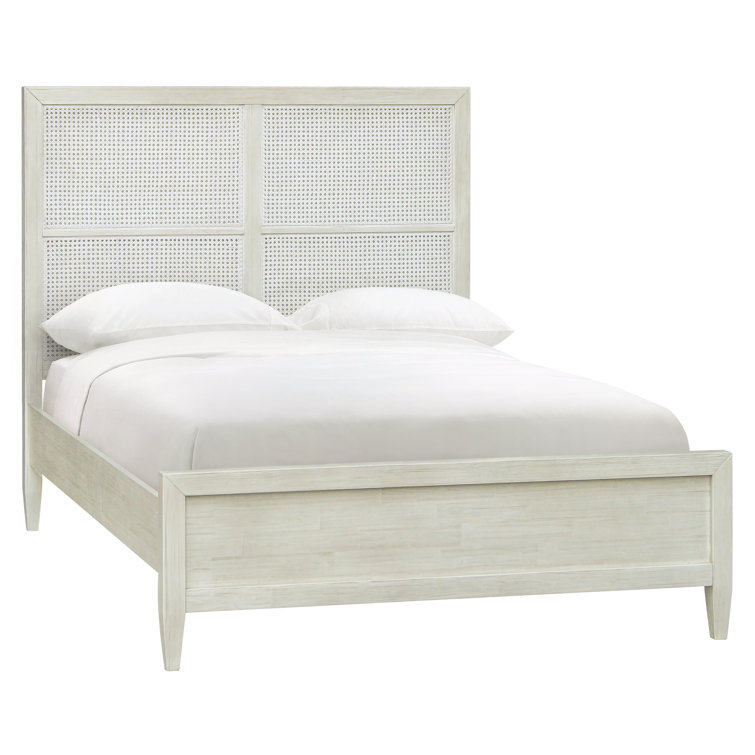 Antique Whitewash Queen Wood Panel Bed with Rattan Headboard