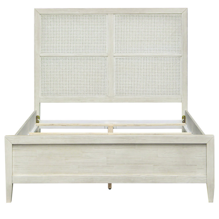 Antique Whitewash Queen Wood Panel Bed with Rattan Headboard