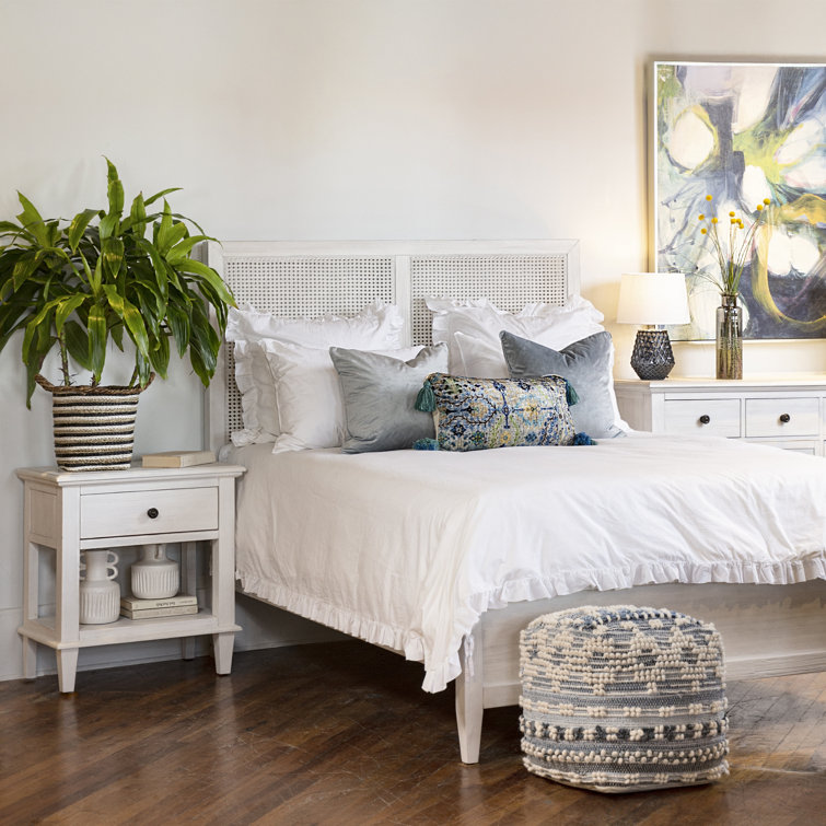 Antique Whitewash Queen Wood Panel Bed with Rattan Headboard