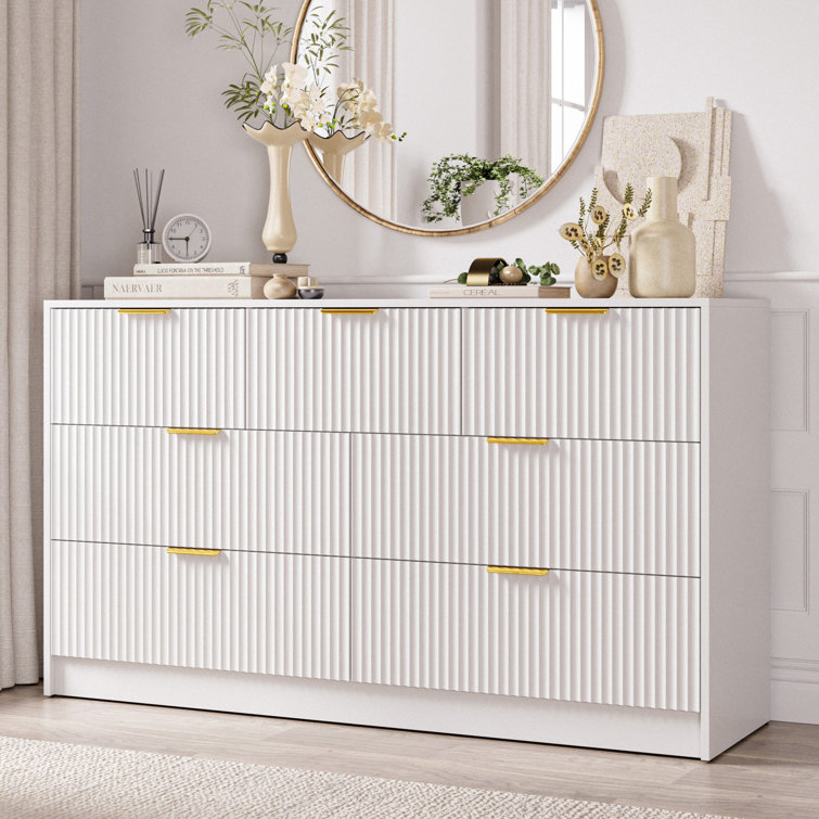 White Fluted Wood Dresser with Gold Handles, 55" Wide