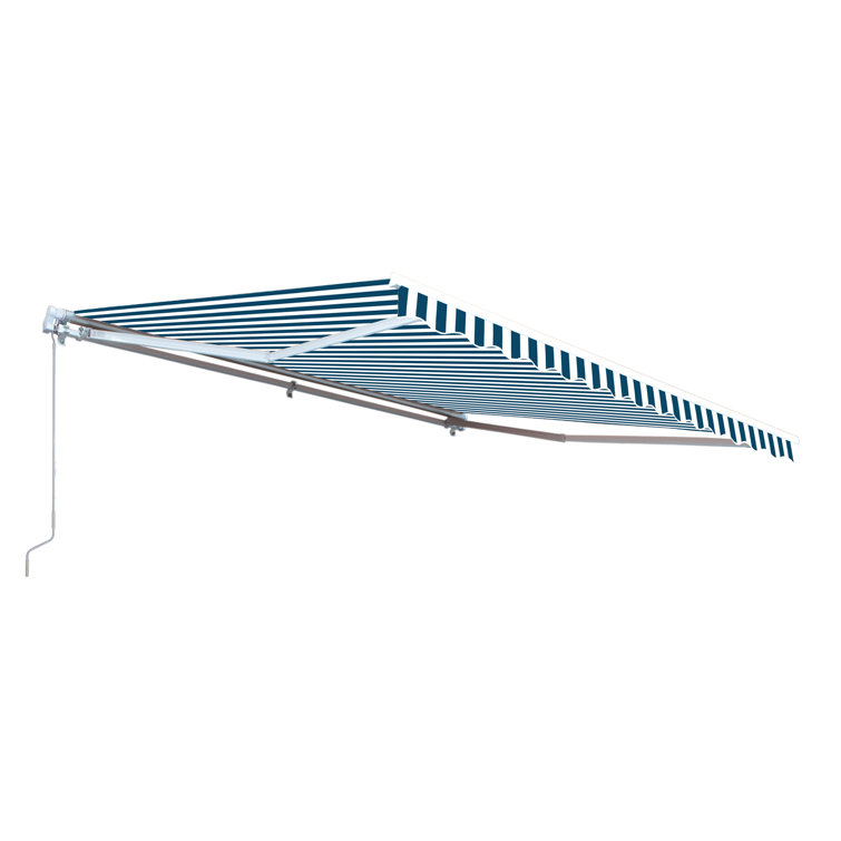 Motorized Gray and White Striped Retractable Patio Awning