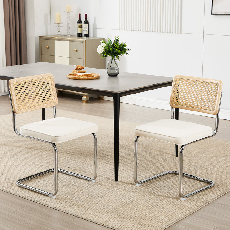 Cream White Linen Upholstered Side Chair with Chrome Legs and Cane Back