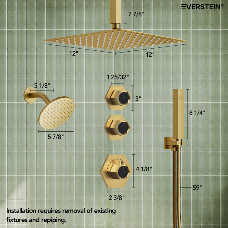 Brushed Gold Thermostatic Dual Showerhead System with Handheld Spray