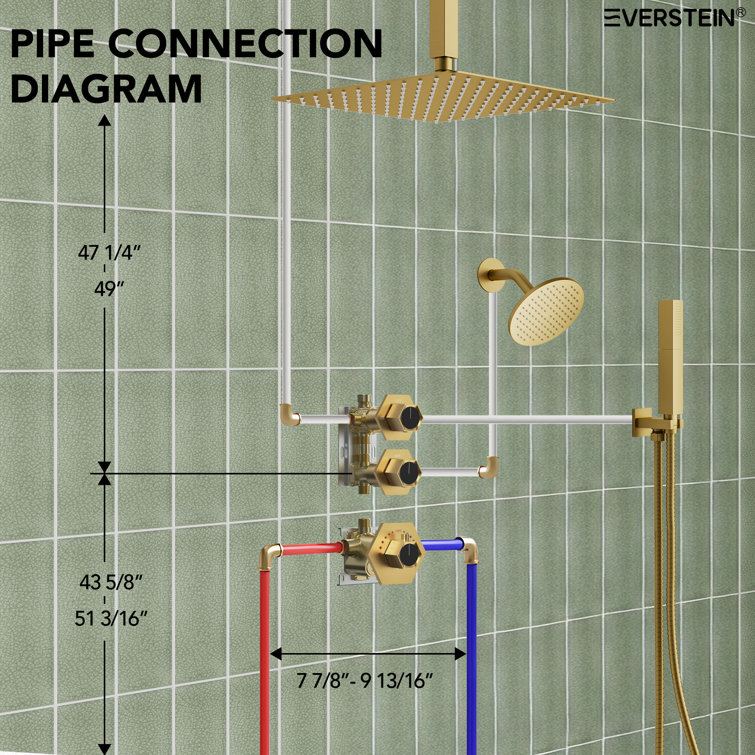 Brushed Gold Thermostatic Dual Showerhead System with Handheld Spray