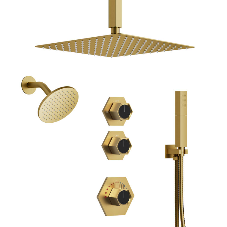 Brushed Gold Thermostatic Dual Showerhead System with Handheld Spray