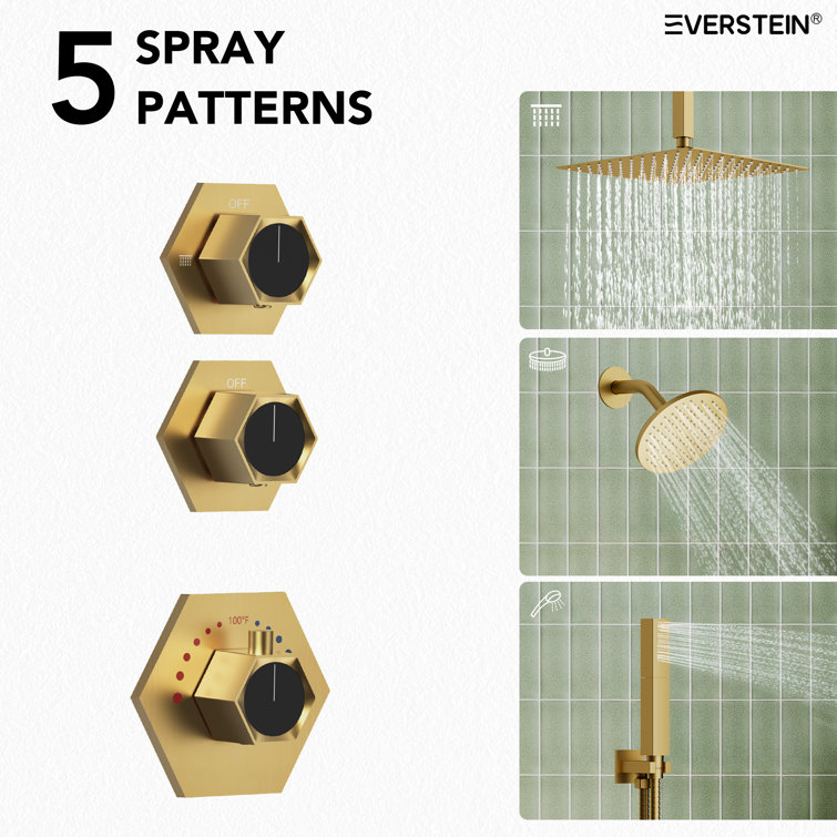 Brushed Gold Thermostatic Dual Showerhead System with Handheld Spray