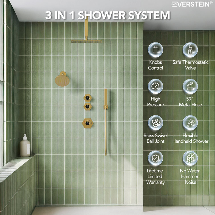 Brushed Gold Thermostatic Dual Showerhead System with Handheld Spray