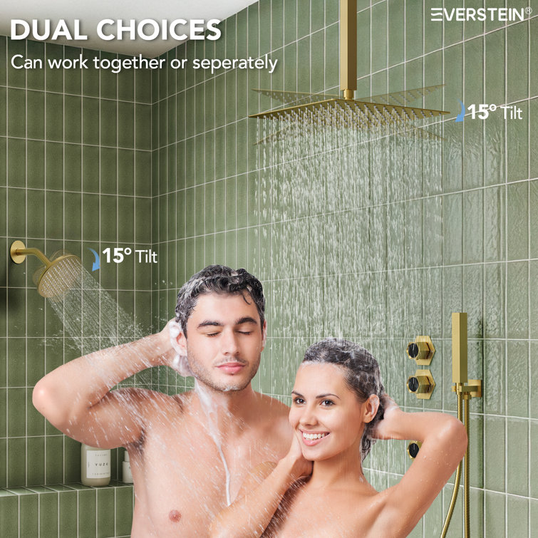 Brushed Gold Thermostatic Dual Showerhead System with Handheld Spray
