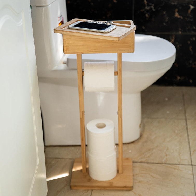 Eco-Friendly Bamboo Free Standing Toilet Paper Holder with Shelf