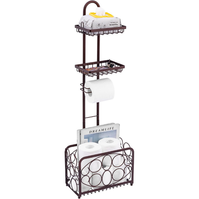 Bronze Metal Freestanding Toilet Paper Holder with Storage Basket
