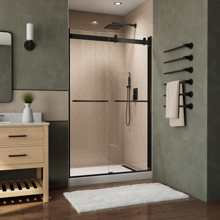 Matte Black Semi-Frameless Sliding Shower Door with Clear Glass
