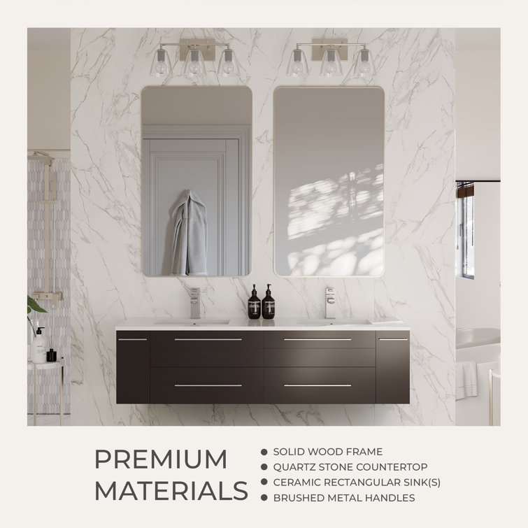Gray Solid Wood and MDF Wall Mount Vanity with Quartz Stone Top
