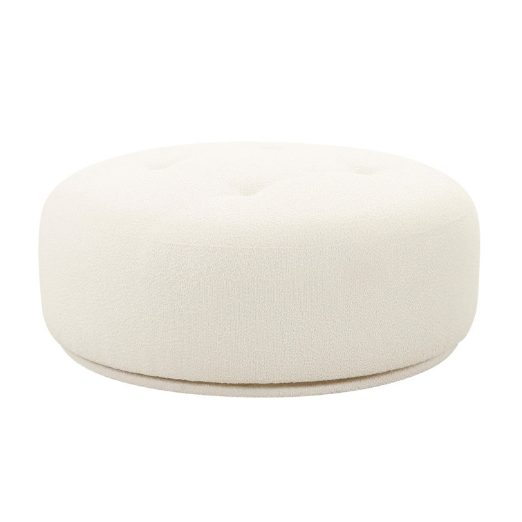 Cream Boucle Round Swivel Ottoman with Solid Wood Frame
