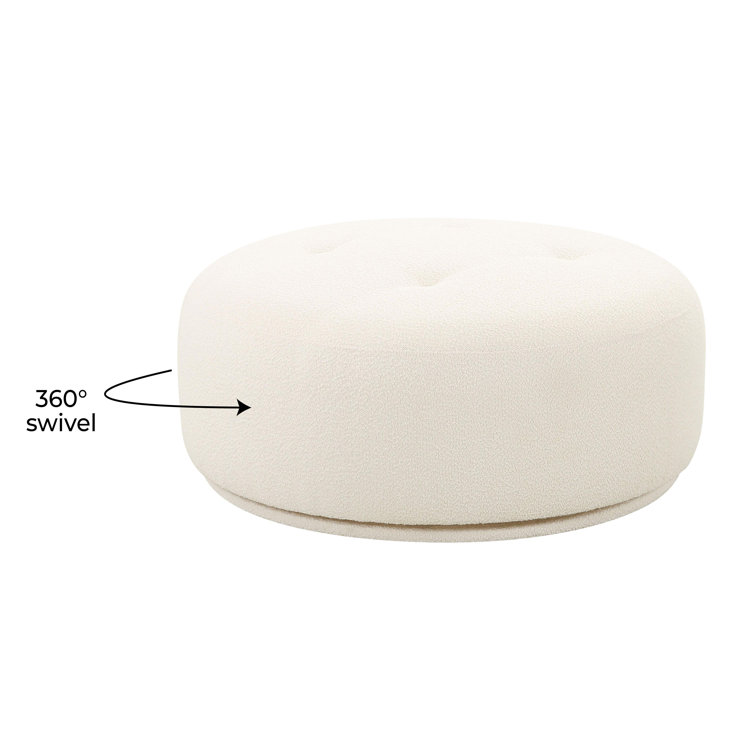 Cream Boucle Round Swivel Ottoman with Solid Wood Frame