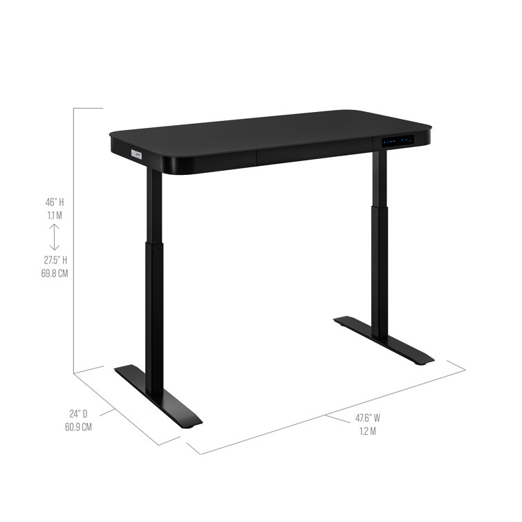 Black Adjustable Height Glass Standing Desk with USB Port and Drawer