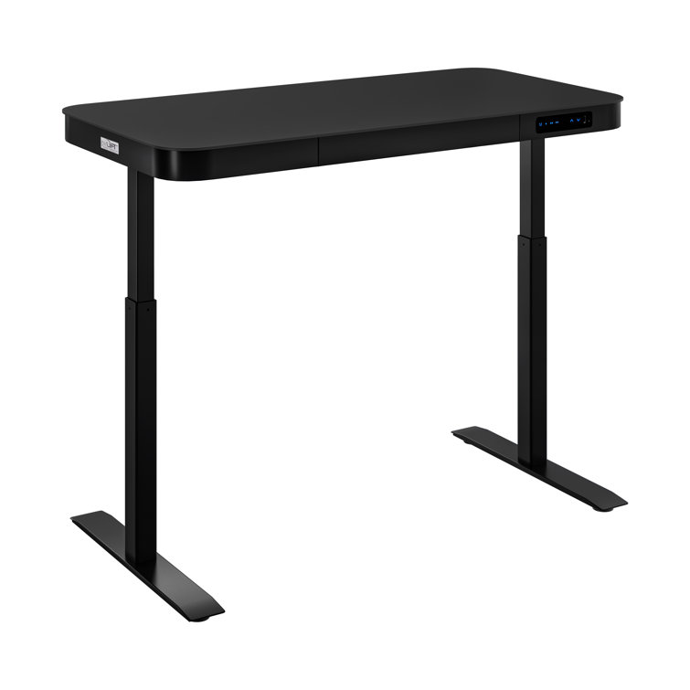 Black Adjustable Height Glass Standing Desk with USB Port and Drawer