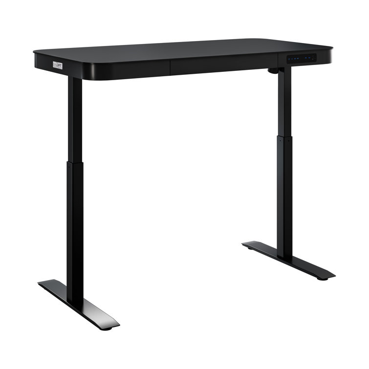 Black Adjustable Height Glass Standing Desk with USB Port and Drawer