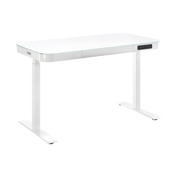 White Adjustable Height Glass Standing Desk with USB Ports and Drawer