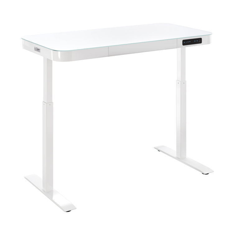 White Adjustable Height Glass Standing Desk with USB Ports and Drawer