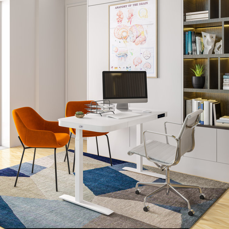 White Adjustable Height Glass Standing Desk with USB Ports and Drawer