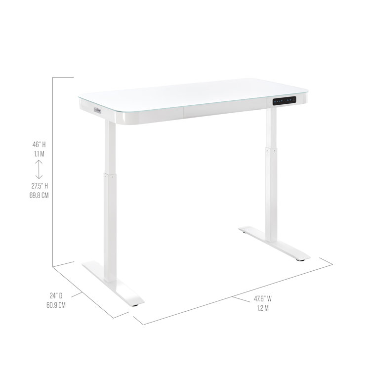 White Adjustable Height Glass Standing Desk with USB Ports and Drawer