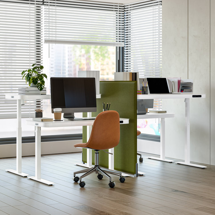 White Adjustable Height Glass Standing Desk with USB Ports and Drawer