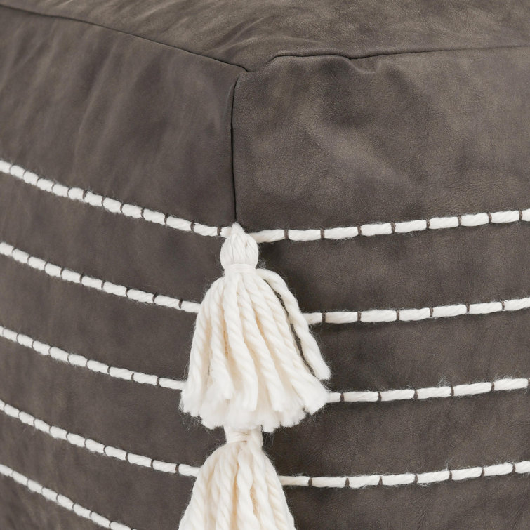 Brown Vegan Leather Pouf with Tassels