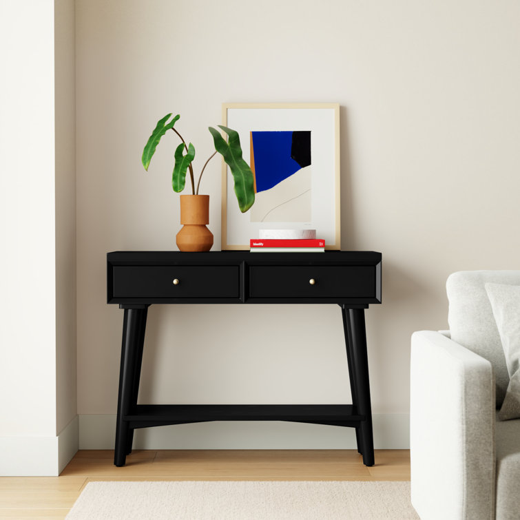 Transitional Mid-Century Black Mahogany Console Table with Storage