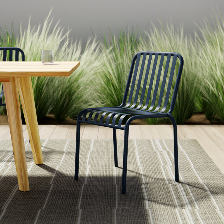 Dark Blue Powder Coated Steel Armless Stackable Outdoor Chairs, Set of 2