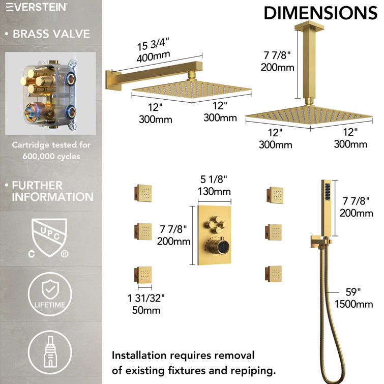 DualJetSpa 12" Gold Dual Shower Head with Body Jets