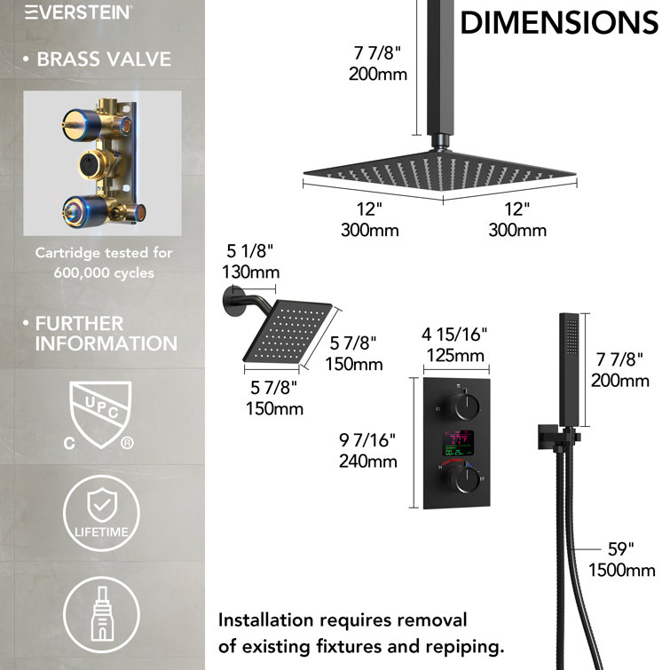 Matte Black Dual Shower System with LCD Display and Handheld