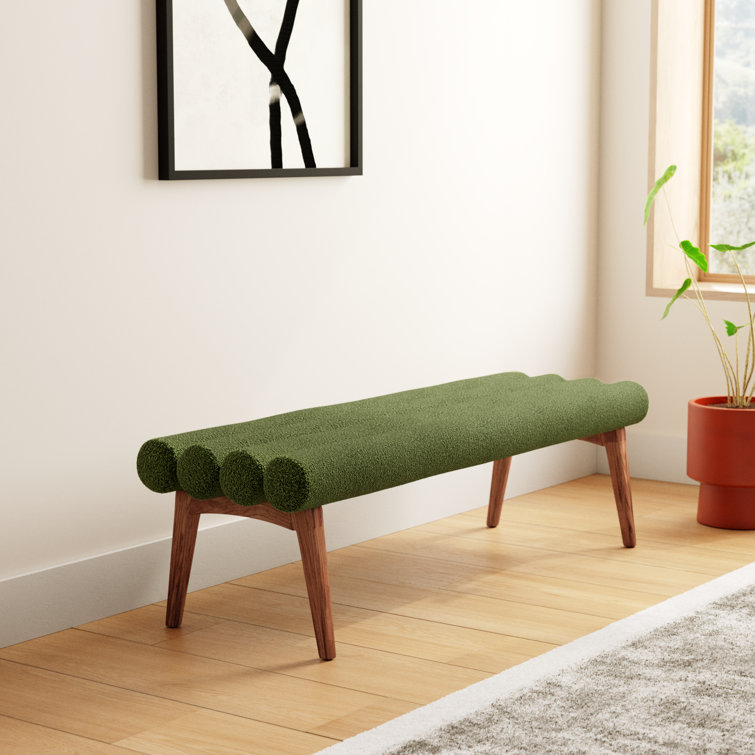 Green Polyester Upholstered Bench with Ash Wood Legs