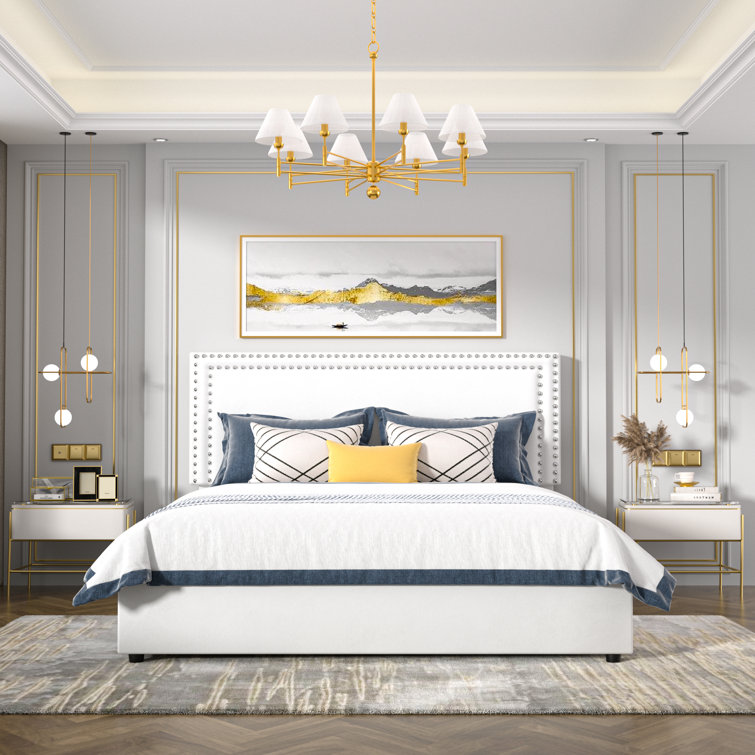 White Velvet Upholstered King Platform Bed with Storage Drawers