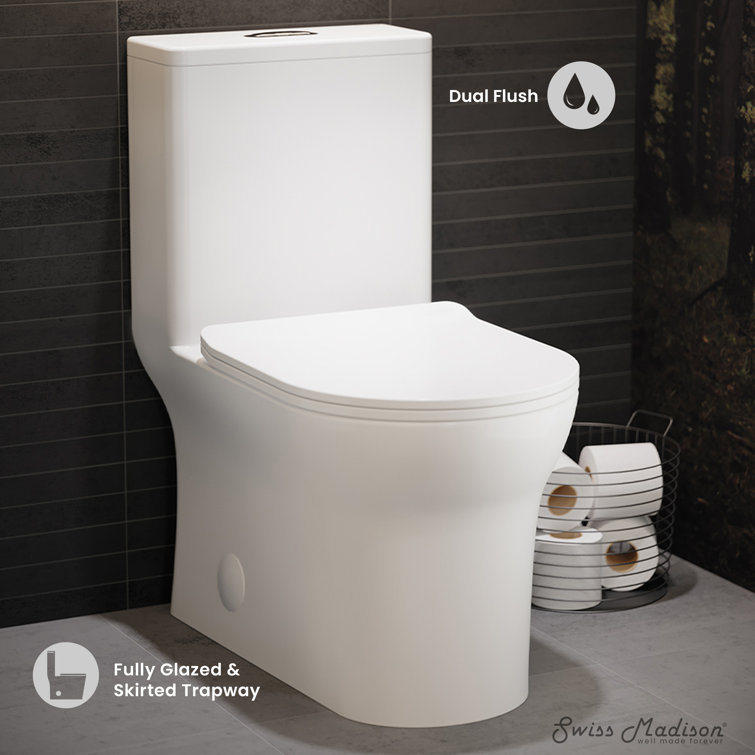 Glossy White High Efficiency Dual Flush One-Piece Elongated Toilet