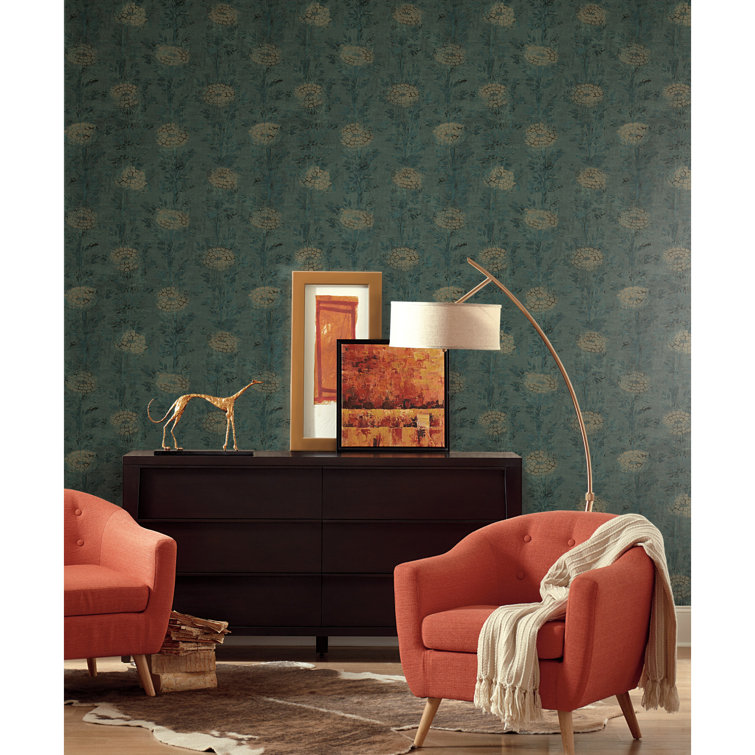 Teal and Gold Floral Nonwoven Removable Wallpaper Roll