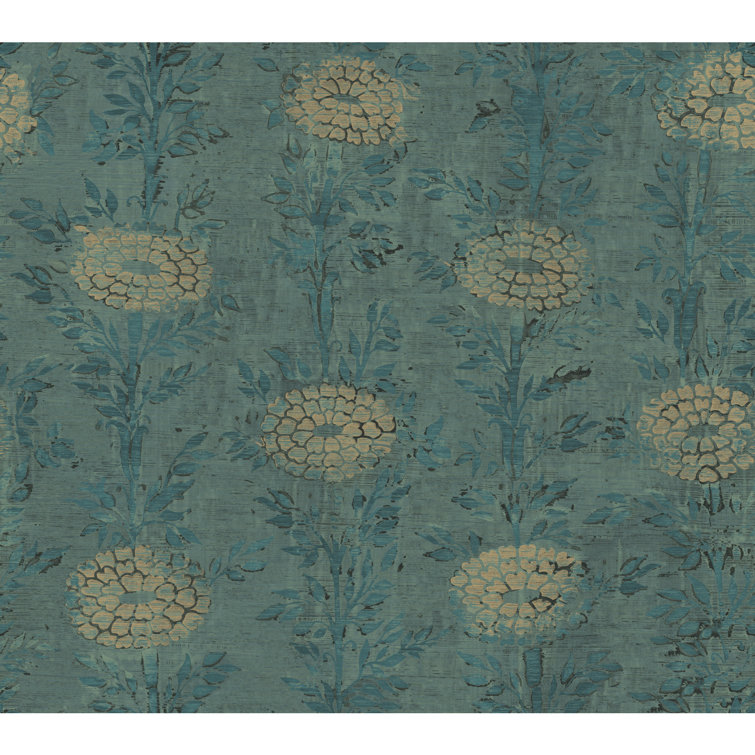 Teal and Gold Floral Nonwoven Removable Wallpaper Roll