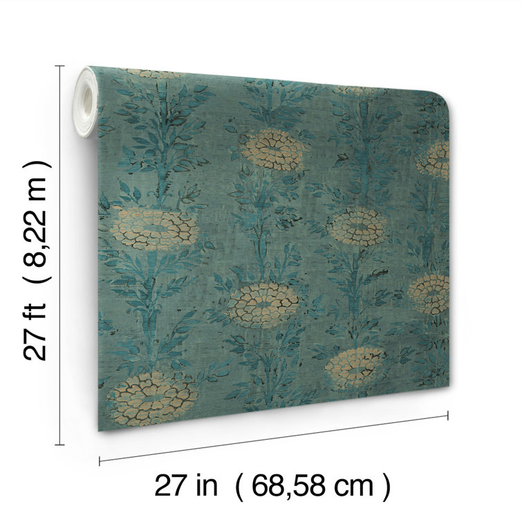 Teal and Gold Floral Nonwoven Removable Wallpaper Roll