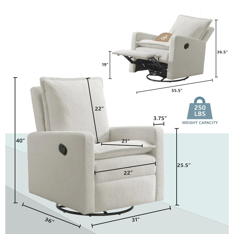Boucle White Swivel Recliner with Natural Wood Frame