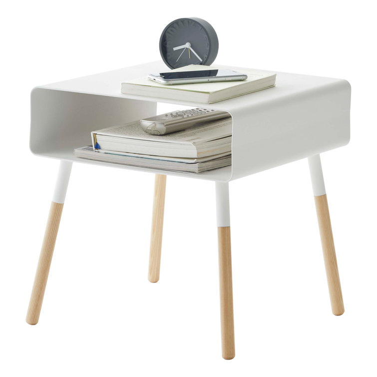 White Short Steel and Wood Side Table with Storage Shelf