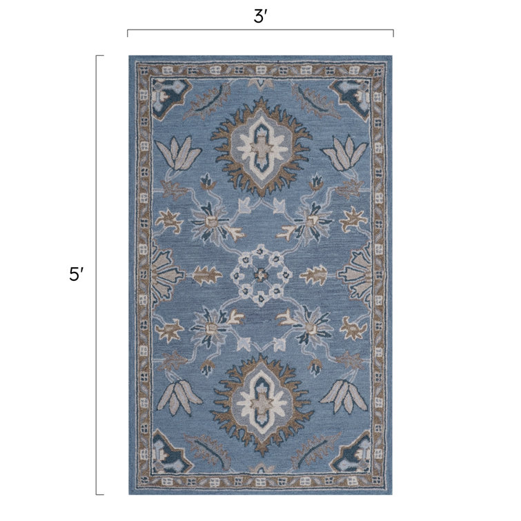 Handmade Blue Wool Floral Tufted Rectangular Rug 2' x 3'