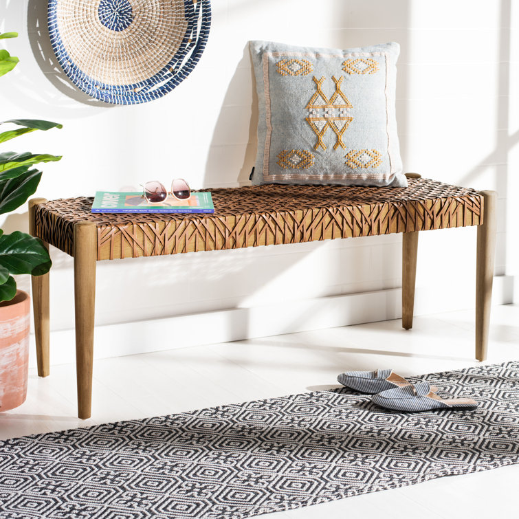 Bandelier 49'' Light Honey Teak and Leather Weave Bench with Storage