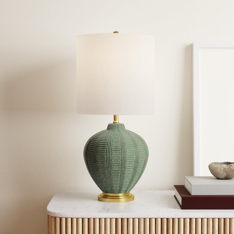 Green Ceramic Textured Table Lamp with White Linen Shade